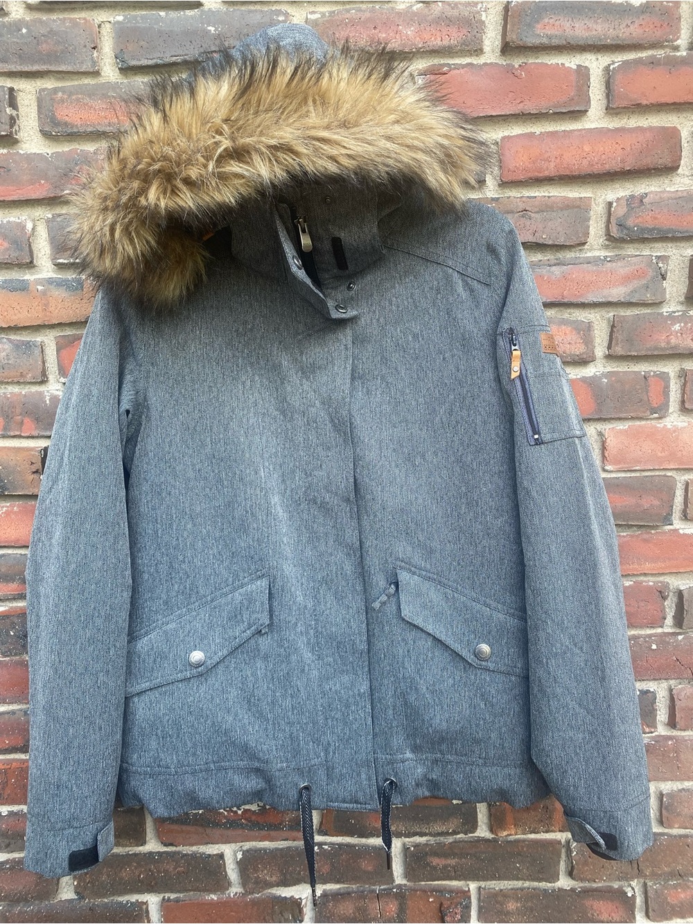 Roxy Gray Hooded Ski Jacket Women’s Med with Faux Fur Trim
